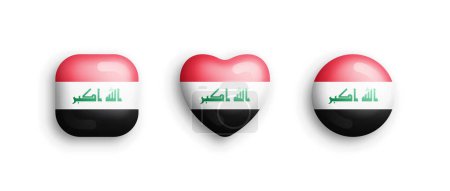 Ilustración de Iraq Official National Flag 3D Vector Iconos brillantes en forma de cuadrado redondeado, corazón y círculo aislado sobre fondo blanqueado. Señal iraquí y símbolos Elementos de diseño gráfico Colección de botones volumétricos - Imagen libre de derechos
