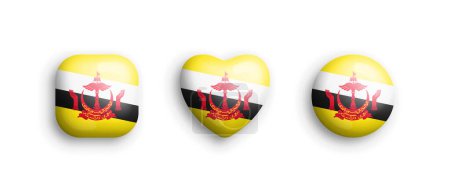 Ilustración de Brunei Official National Flag 3D Vector Iconos brillantes en forma de cuadrado redondeado, corazón y círculo aislado en la espalda blanca. Signo y símbolos bruneanos Elementos de diseño gráfico Colección de botones volumétricos - Imagen libre de derechos