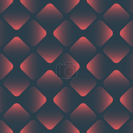 Illustration for Rounded Rhombus Grid Vector Seamless Pattern Trendy Red Posh Abstract Background. Half Tone Art Illustration for Fashionable Textile Print. Endless Graphic Cool Abstraction Wallpaper Dot Work Texture - Royalty Free Image