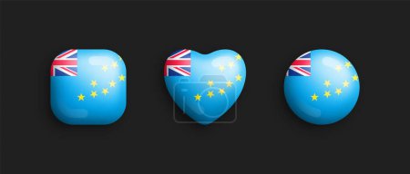 Illustration for Tuvalu Official National Flag 3D Vector Glossy Icons In Rounded Square Heart And Circle Shape Isolate On Black Backdrop. Tuvaluan Sign And Symbols Graphic Design Elements Volumetric Buttons Collection - Royalty Free Image