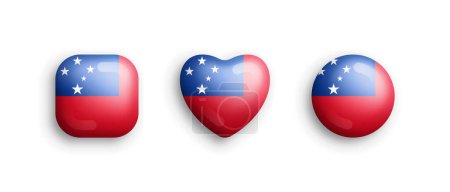 Illustration for Samoa Official National Flag 3D Vector Glossy Icons In Rounded Square, Heart And Circle Shape Isolate On White Background. Samoan Sign And Symbols Graphic Design Elements Volumetric Buttons Collection - Royalty Free Image