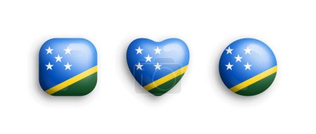 Illustration for Solomon Islands Official National Flag 3D Vector Glossy Icons In Rounded Square Heart And Circle Shape Isolate On White. Sign And Symbols Graphic Design Elements Volumetric Buttons Collection - Royalty Free Image