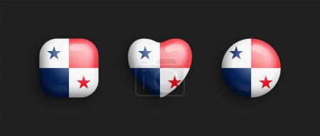 Panama Official National Flag 3D Vector Glossy Icons In Rounded Square, Heart And Circle Shapes Isolated On Black. Panamanian Sign And Symbols Graphic Design Elements Volumetric Button Collection