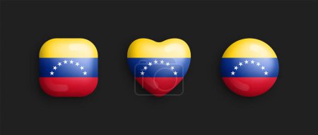 Venezuela Bandera Nacional Oficial Vector 3D Iconos Brillantes En Cuadrado Redondeado, Corazón Y Círculo Formas Aisladas En Negro. Signo y símbolos venezolanos Elementos de diseño gráfico Colección de botones volumétricos
