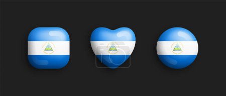 Nicaragua Official National Flag 3D Vector Glossy Icons In Rounded Square, Heart And Circle Shapes Isolated On Black. Nicaraguan Sign And Symbols Graphic Design Elements Volumetric Buttons Collection