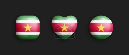 Surinam Official National Flag 3D Vector Iconos brillantes en forma de cuadrado redondeado, corazón y círculo aislado en negro. Signo y símbolos surinameses Elementos de diseño gráfico Colección de botones volumétricos