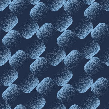 Dynamic Tilted Rippled Structure Seamless Pattern Trend Vector Blue Abstract Background. Captivating Motif Hypnotic Visual Half Tone Art Illustration. Graphical Abstraction Wallpaper Dot Work Texture