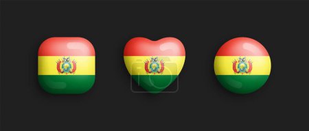 Bolivia Official National Flag 3D Vector Glossy Icons In Rounded Square, Heart And Circle Shapes Isolated On Background. Bolivian Sign And Symbols Graphic Design Elements Volumetric Buttons Collection