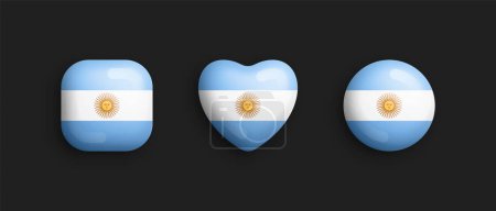 Illustration for Argentina Official National Flag 3D Vector Glossy Icons In Rounded Square, Heart And Circle Shapes Isolated On Black. Argentinian Sign And Symbols Graphic Design Elements Volumetric Buttons Collection - Royalty Free Image