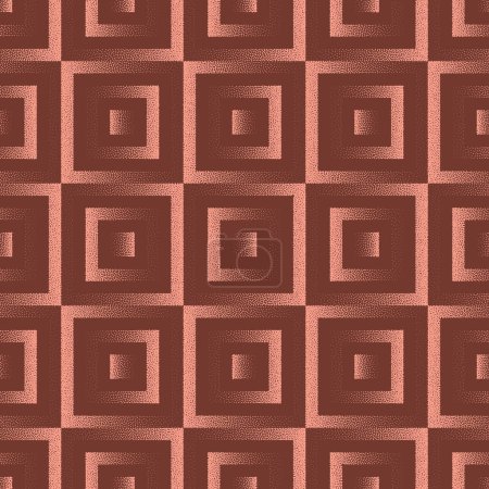 Quadrate Geometrische Nahtlose Muster Trend Vector Brown Retro Abstrakter Hintergrund. 1950er Jahre 1960er Jahre 1970er Jahre Funky Half Tone Art Illustration für Textildruck. Grafische Abstraktion Tapete Dot Work Textur