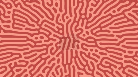 Psychedelic Frantic Radial Pattern Vector Coral Colored Abstract Background. Turing Diffusion Effect Trippy Hypnotic Abstraction Panoramic Wallpaper. Rave Style Bizarre Doodle Structure Textile Print