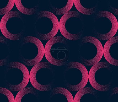 Círculos hipnotizantes Patrón sin costura Tendencia Vector Negro Morado Fondo abstracto. Ilustración de arte de medio tono para la impresión textil de moda. Fondo de pantalla de abstracción gráfica repetitiva. Textura sutil
