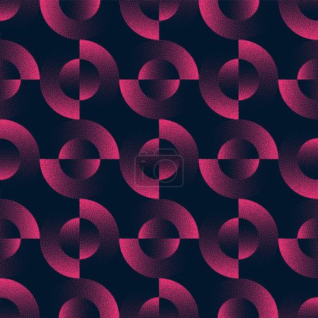 Ilustración de Dividir círculos geométricos sin costura patrón tendencia vector negro púrpura fondo abstracto. Ilustración dinámica de medio tono para impresión textil. Fondo de pantalla de abstracción gráfica repetitiva. Textura de trabajo de punto - Imagen libre de derechos