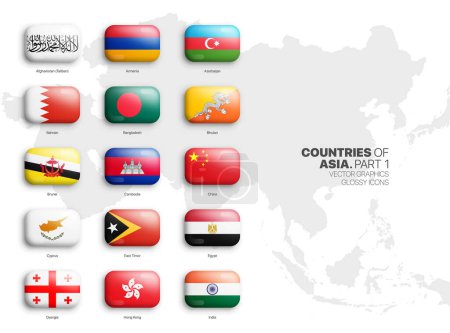 Illustration for All Asian Countries Flags Vector 3D Rounded Glossy Icons Set Isolate On White Background Part 1. Official National Flags Of Asia Vivid Bright Color Bulging Convex Buttons Collection On Light Back - Royalty Free Image