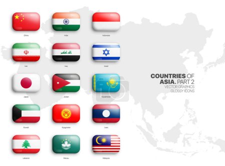 Illustration for All Asian Countries Flags Vector 3D Rounded Glossy Icons Set Isolate On White Background Part 2. Official National Flags Of Asia Vivid Bright Color Bulging Convex Buttons Collection On Light Back - Royalty Free Image