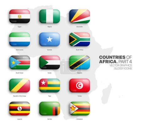 Illustration for All African Countries Flags Vector 3D Rounded Glossy Icons Set Isolated On White Background Part 4. Official National Flags Of Africa Vivid Bright Color Bulging Convex Buttons Collection On Light Back - Royalty Free Image