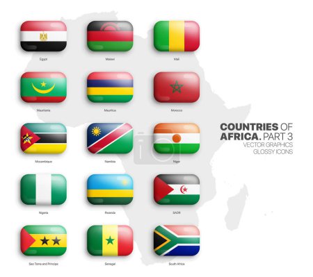Todos los países africanos banderas Vector 3D redondeado iconos brillantes conjunto aislado sobre fondo blanco Parte 3. Banderas Nacionales Oficiales de África Colección de botones convexos abultados de vivos colores brillantes en la luz trasera