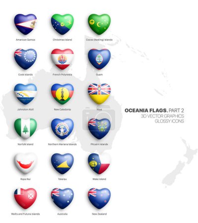 Ozeanien Flaggen der Abhängigkeiten 3D Herz Vector Glossy Icons Set Isolate On White. Ozeanische Offizielle Nationalflaggen Leuchtend Lebendige Farbe Bewölbte konvexe herzförmige Knöpfe Design Element Collection