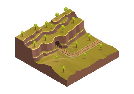 montagne isométrique avec chemin de fer et arbres