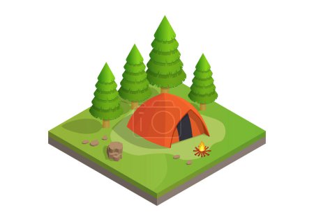 Ilustración de Ilustración isométrica de acampar en el bosque salvaje - Imagen libre de derechos