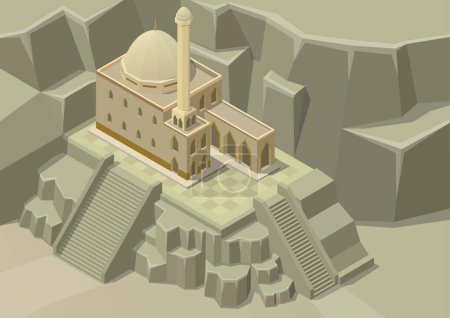 Ilustración de Mezquita en una colina rocosa en terrazas - Imagen libre de derechos