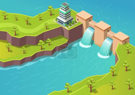 Illustration for Isometric river with dam. Hydroelectric power station and green energy - Royalty Free Image