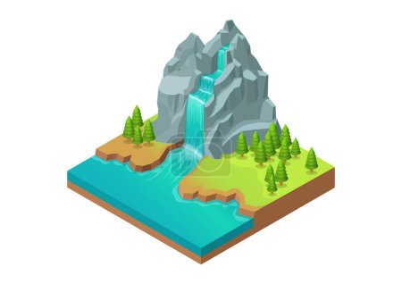 Illustration for Isometric rocky mountain with waterfall and coast - Royalty Free Image