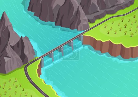 Isometric river with dam. Hydroelectric power station and green energy