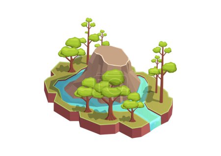 Isometric little forest island with rocky mountain and lake