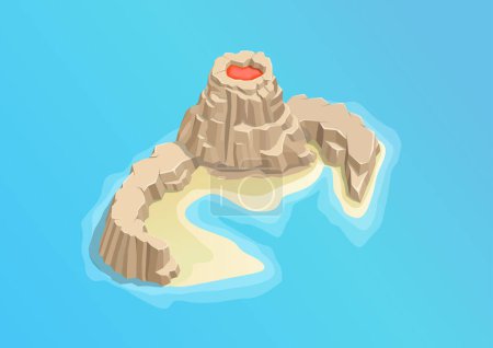 Téléchargez les illustrations : Volcan rocheux isométrique sur l'île - en licence libre de droit
