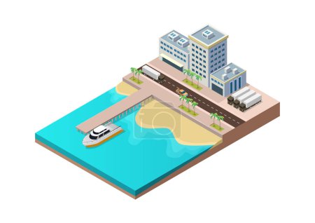Illustration for Isometric beach with seaport building and transport - Royalty Free Image