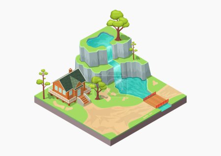 Isometric beautiful house beside mountain with waterfall and river