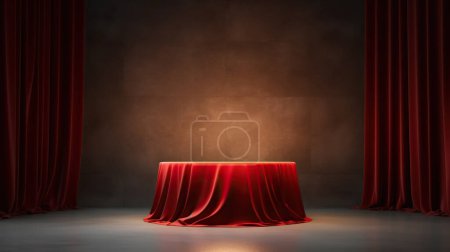 3d rendering of round presentation pedestal covered with red silk cloth, illuminated by spot light.
