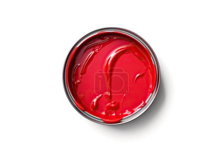 A metal paint can brimming with vibrant red paint, isolated on white background.
