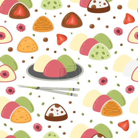 Illustration for Whole and cutted mochi with hashi chopsticks seamless pattern. Classic japanese sweet food surface design. Asian dessert rice cakes daifuku hand drawn flat vector illustration isolated on white - Royalty Free Image