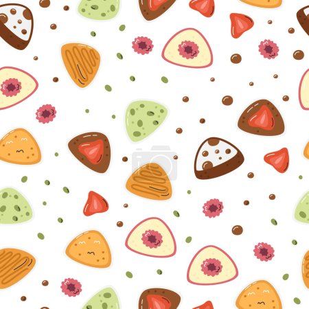 Illustration for Fruity mochi seamless pattern. Popular japanese traditional food dango surface design. Classic rice cakes with flavors. Asian dessert daifuku hand drawn flat vector illustration isolated on white - Royalty Free Image