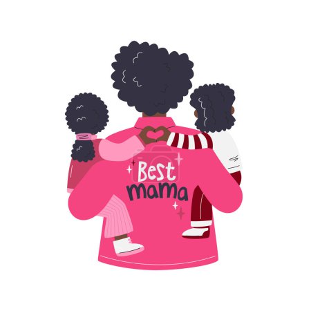 Best mama ever holiday concept. African american mother holding her kids. Black mom cuddling son and daughter. Cute mummy with children with lettering. Mother's day hand drawn flat vector illustration