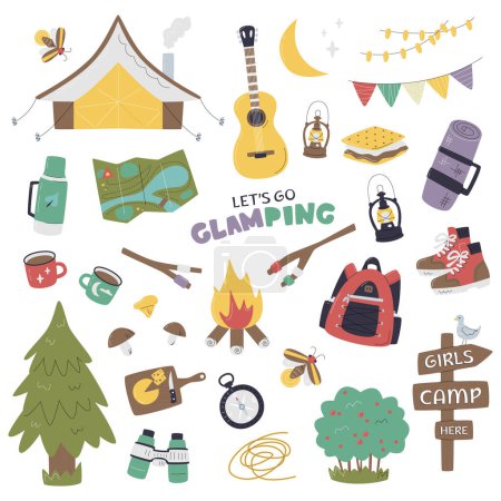 Illustration for Glamour camping collection isolated. Cute glamping set. Luxury and comfy seclusion alone or with friends in nature bundle. Modern outdoor activity. Girls camp here hand drawn flat vector illustration - Royalty Free Image