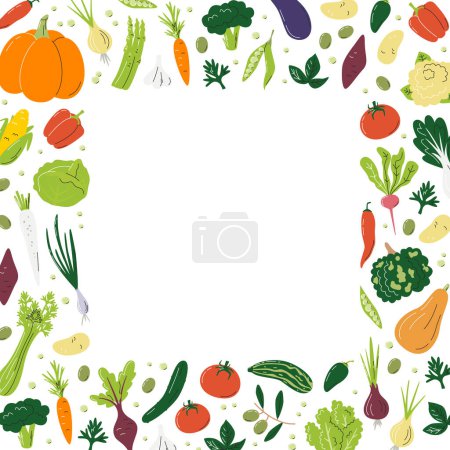 Téléchargez les illustrations : Concept de cadre carré avec différents légumes. Frontières pleines de légumes avec de l'espace de copie. Divers produits agricoles biologiques enrichis colorés. Illustration vectorielle plate dessinée à la main - en licence libre de droit