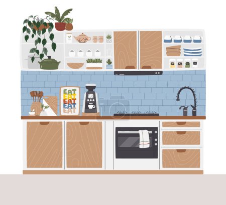 Illustration for Cozy room with houseplants and utensils. Mid century kitchen set design. Many open shelves with kitchenware and appliances. Kitchen indoor scene with coffee machine hand drawn flat vector illustration - Royalty Free Image