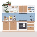 Cozy room with houseplants and utensils. Mid century kitchen set design. Many open shelves with kitchenware and appliances. Kitchen indoor scene with coffee machine hand drawn flat vector illustration