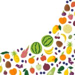 Rectangular banner with copy space and food for local markets. Farmer's agricultural products free form design concept. Wavy composition of fruits. Fruity hand drawn flat vector illustration isolated