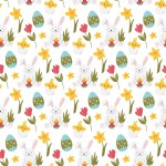 Easter bunny with flowers and eggs isolated. Cute seasonal seamless pattern design concept. Springtime festive background. Animal character. Traditional celebration hand drawn flat vector illustration