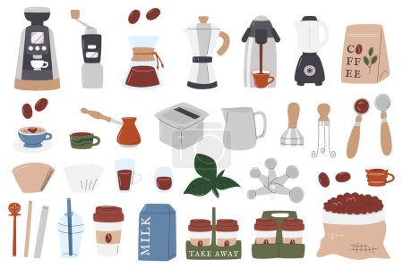 Illustration for Barista accessories and tool set. Different coffee design elements. Coffeehouse equipment collection isolated on white. Coffee paper and plastic to-go supplies. Hand drawn flat vector illustration - Royalty Free Image