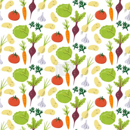 Local farmer's market vegetables seamless pattern design. Packing and wrapping paper print. Traditional Russian soup ingredients drawing background. Borsch veggies hand drawn flat vector illustration