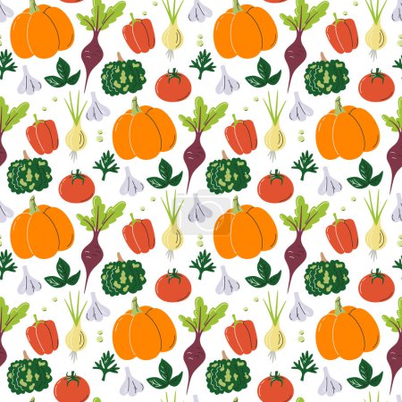 Nightshade family seamless pattern pumpkins and beets. Eco farm local agricultural product. Vegetable wallpaper design. Harvest season food print. Hand drawn flat vector illustration isolated on white