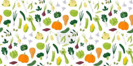 Veggies seamless pattern. Pumpkins and greens horizontal background design. Wrapping paper and packing print. Local farm ripe products isolated on white. Vegetables hand drawn flat vector illustration