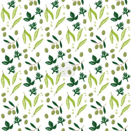 Cute green vegetable background isolated on white. Local farmer's market seamless pattern. Veggies concept design. Agriculture and organic food. Olives and peas hand drawn flat vector illustration