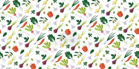 Nahtloses Muster mit Zwiebelbock Choy, Rettich und Knoblauch. Bio-Gemüse-Print-Design isoliert auf weiß. Hintergrund der lokalen Bauernmarktprodukte. Gewürzgemüse von Hand gezeichnet flache Vektorillustration