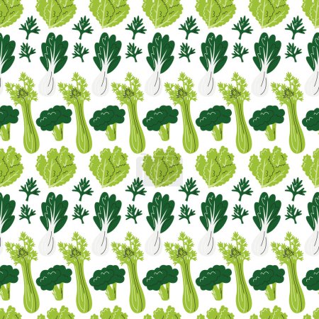 Green vegetables seamless pattern. Healthy smoothie ingredients isolated on white. Repeating background with celery, broccoli, cabbage, bok choy and dill. Veggies hand drawn flat vector illustration